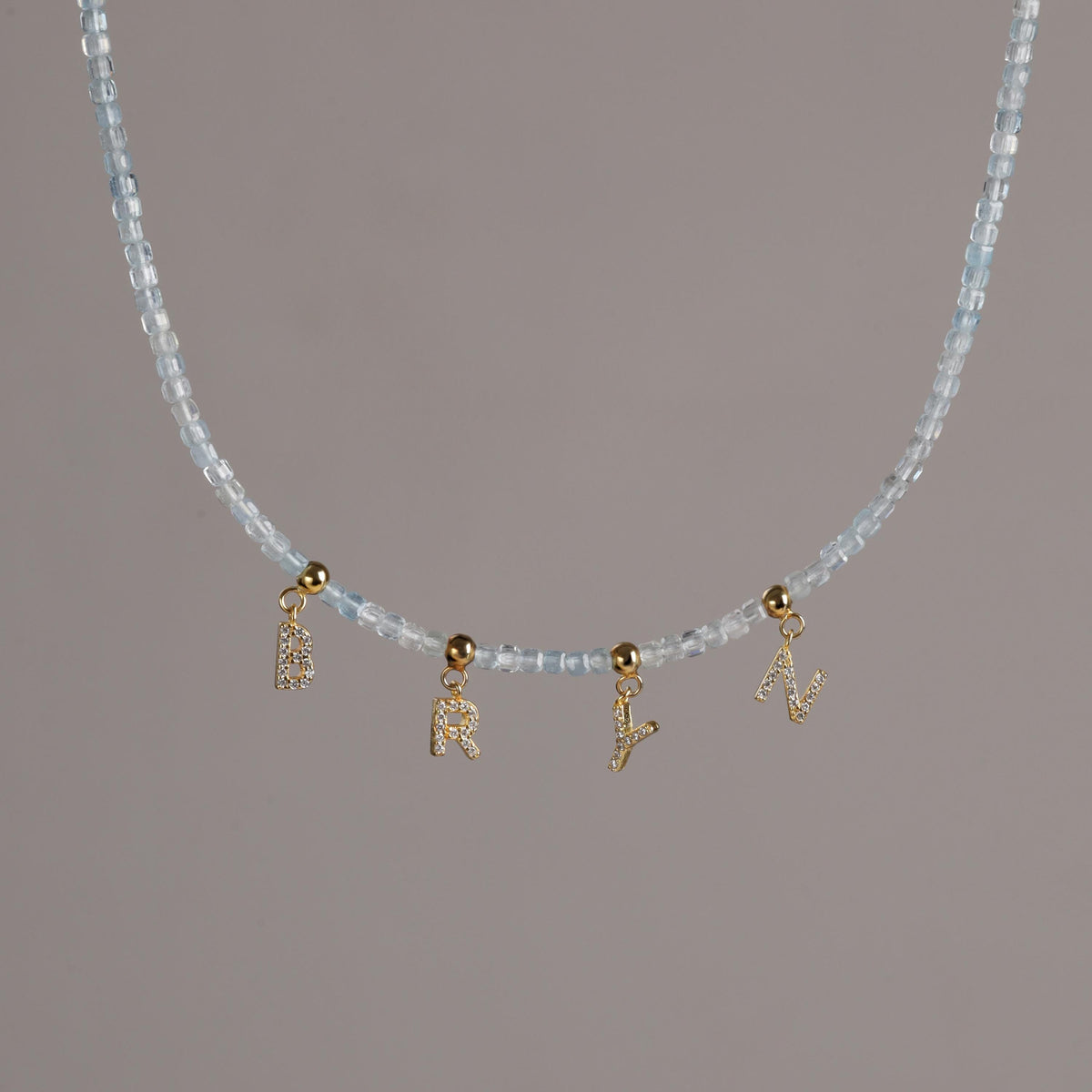 Natural Aquamarine Stone Necklace with Sparkling CZ Letters