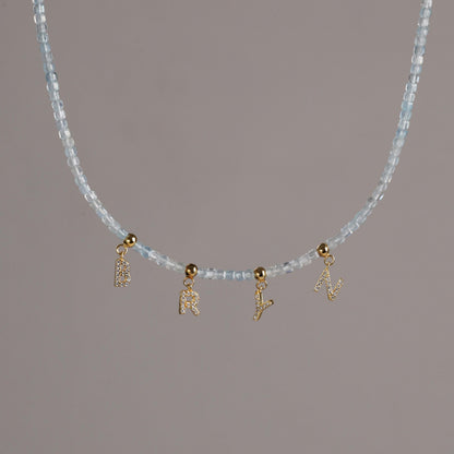 Natural Aquamarine Stone Necklace with Sparkling CZ Letters