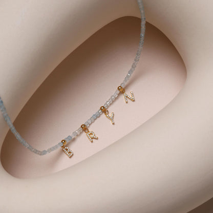 Natural Aquamarine Stone Necklace with Sparkling CZ Letters