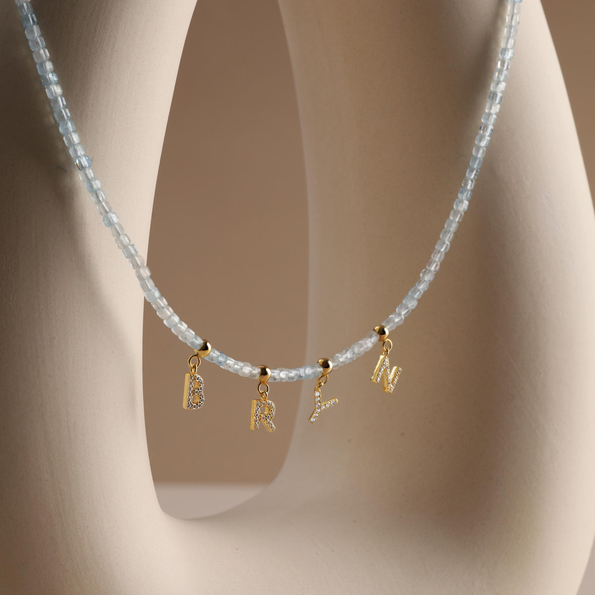 Natural Aquamarine Stone Necklace with Sparkling CZ Letters